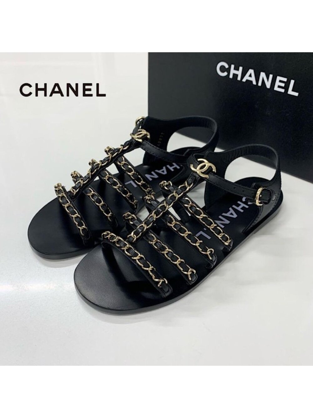 Chanel CC Logo Leather Chain Flat Sandals Black